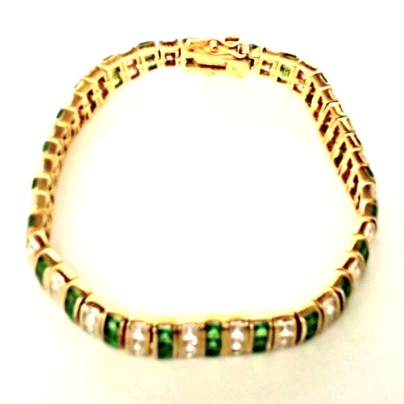 Sterling Vermeil Green and Clear Channel Set Crystal Tennis Bracelet - Picture 3 of 7